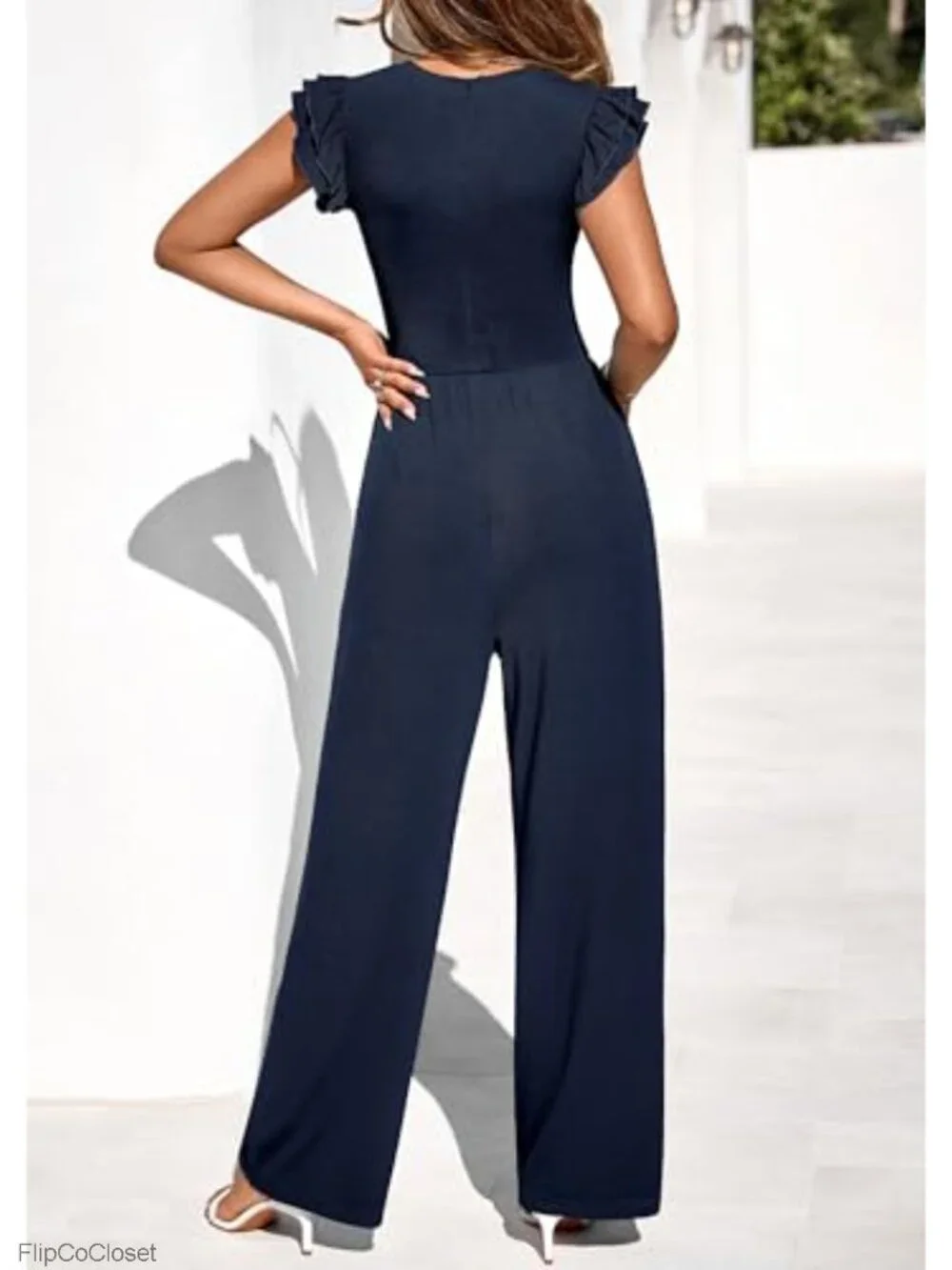 Wide Leg Jumpsuit for Women V Neck Ruffle Cap Sleeve